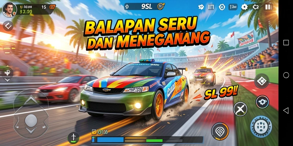 Tangkapan layar gameplay 9SL menampilkan aksi balap yang mendebarkan dan kendaraan yang beragam.