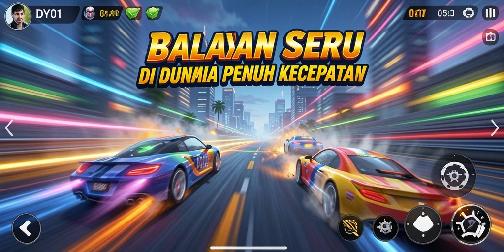 Tampilan gameplay balapan seru di DY01 dengan mobil cepat.